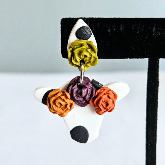 SD Handmade Flower Tiara Green/Orange/Purple Cow Polymer Clay Dangling Earrings - Picture 2 of 5
